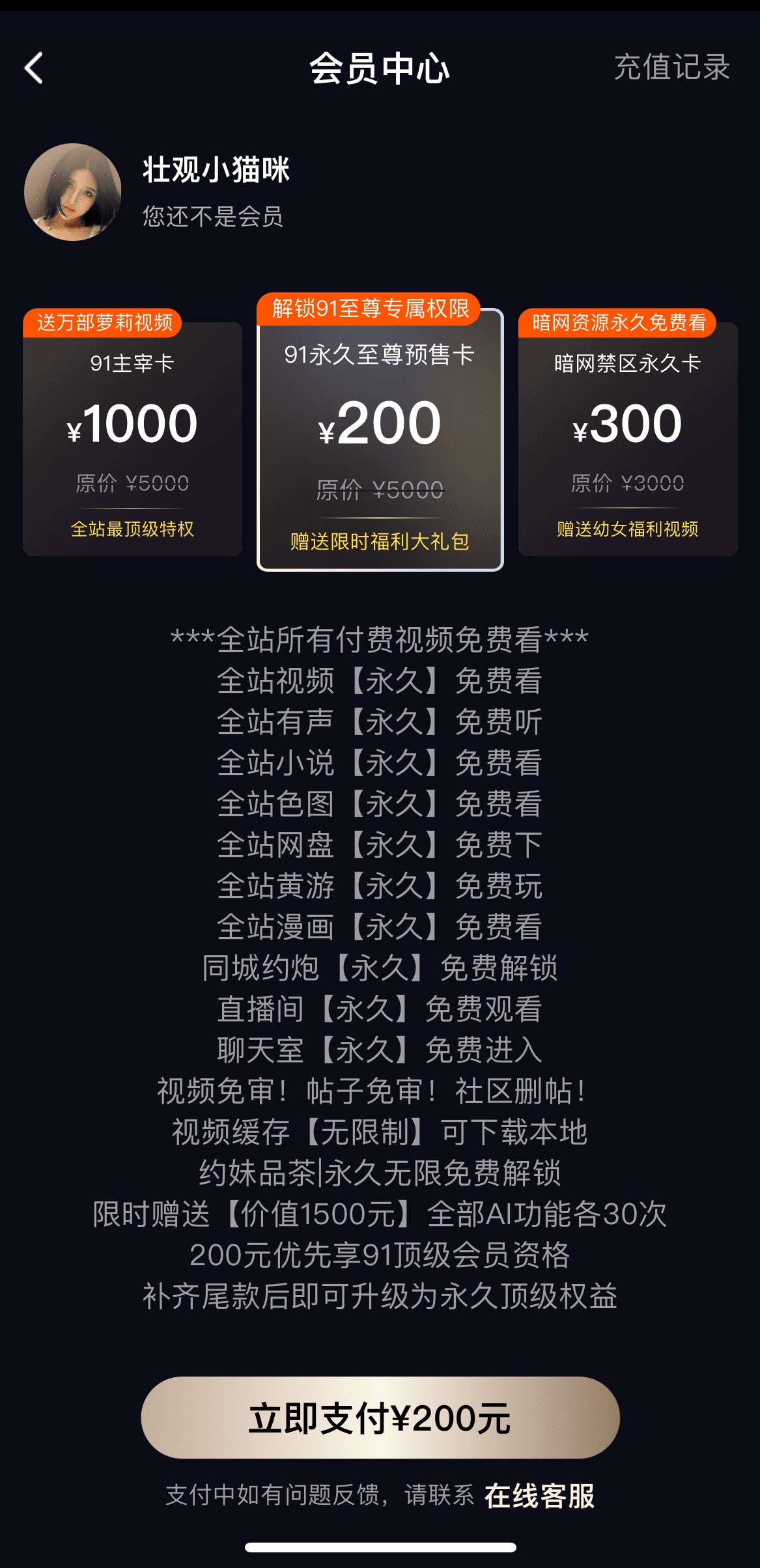 91PO会员中心多档订阅方案权益详情页面